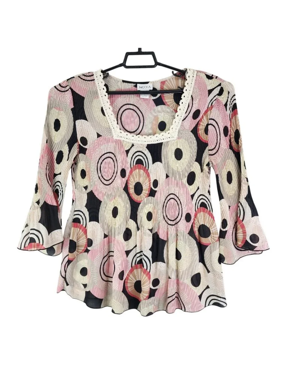 Womens Nicola Multicolor Circles Square Neck Blouse Bell Sleeves Polyester M